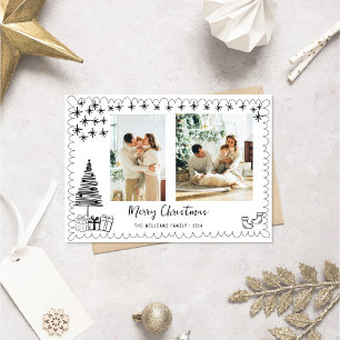 Modern Hand Drawn Doodle Photo Merry Christmas  Holiday Card