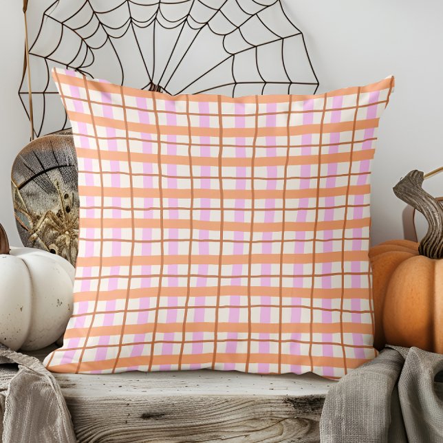 Modern Hand Drawn Fall Orange and Purple Plaid Cushion (Creator Uploaded)