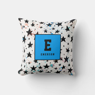 modern hand drawn fun space and stars monochrome cushion