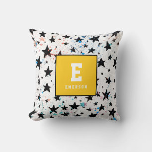 modern hand drawn fun space and stars monochrome cushion