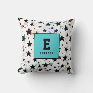 modern hand drawn fun space and stars monochrome cushion