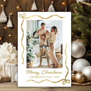 Modern Hand Drawn Gold Bow 2 Photo Merry Christmas Holiday Card