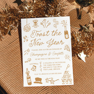 Modern Hand Drawn Gold Doodle New Year’s Eve Party Invitation