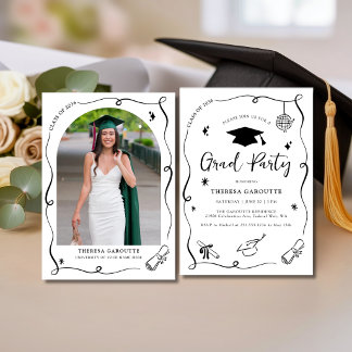 Modern Hand Drawn Graduation Party Photo Invitation