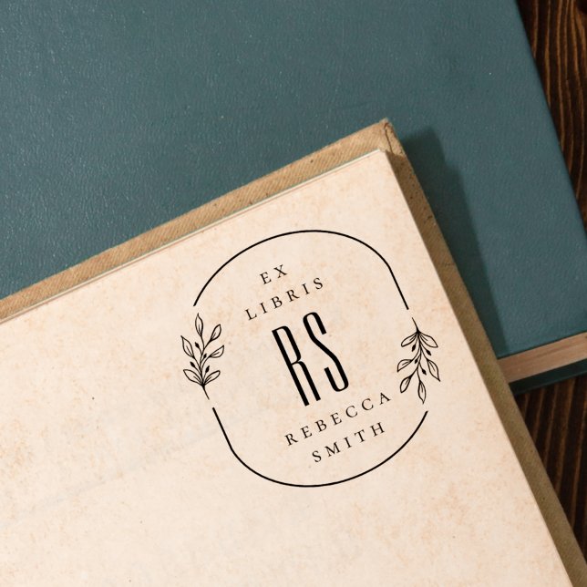 Modern Hand-drawn Leaves Ex Libris Custom Name Rubber Stamp (Creator Uploaded)