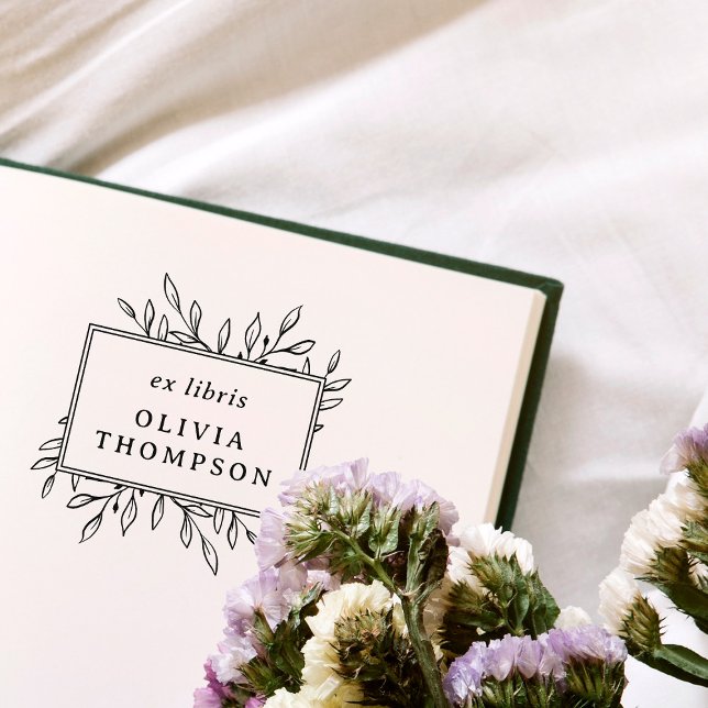 Modern Hand-drawn Leaves Ex Libris Name Library Rubber Stamp (Creator Uploaded)