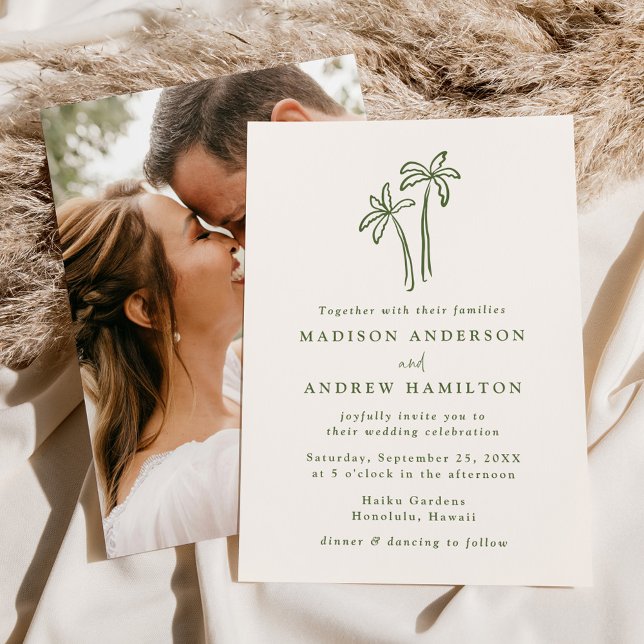 Modern Hand-Drawn Palm Trees Cream Photo Wedding Invitation (Creator Uploaded)