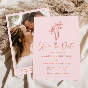 Modern Hand-Drawn Palm Trees Pink Photo Wedding Save The Date