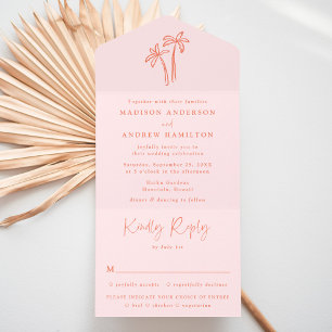 Modern Hand-Drawn Palm Trees Pink Wedding All In One Invitation