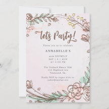Modern, Hand Drawn, Patel Pink Flower Invitation