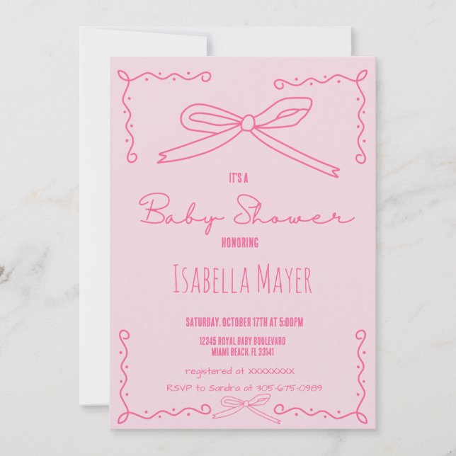 Modern Hand Drawn Pink Bow Baby Shower Invitation (Front)