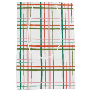 Modern Hand Drawn Pink, Red, Green Plaid Medium Gift Bag