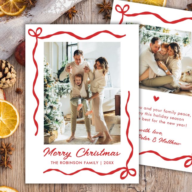 Modern Hand Drawn Red Bow 2 Photo Merry Christmas Holiday Card (Creator Uploaded)