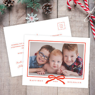 Modern Hand-Drawn Red Bow One Photo Holiday Postcard