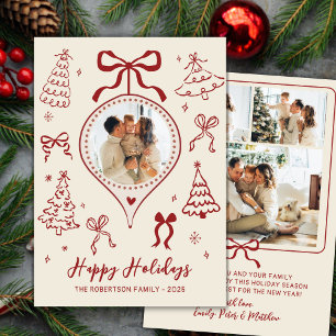 Modern Hand-Drawn Red Bows Photo Christmas Happy Holiday Card