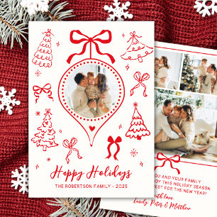 Modern Hand-Drawn Red Bows Photo Christmas Happy Holiday Card
