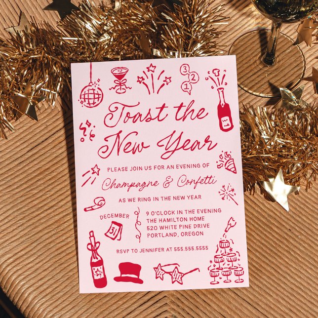 Modern Hand Drawn Red Doodle New Year’s Eve Party Invitation (Creator Uploaded)