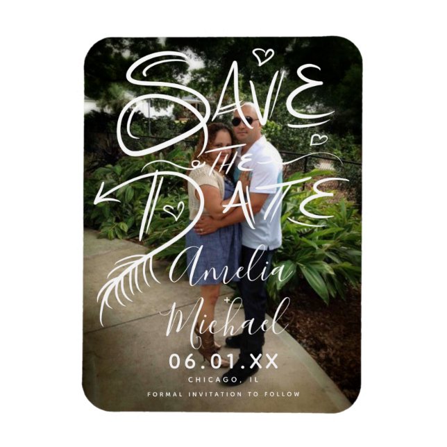 Modern Hand-Drawn Script Heart Save the Date Photo Magnet (Vertical)