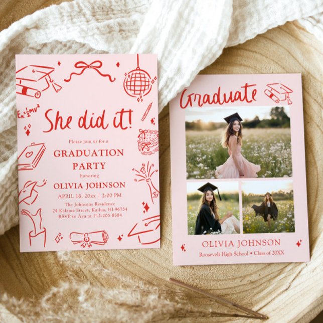 Modern Hand Drawn She did it Graduation Party Invitation (Modern Hand Drawn She did it Graduation Party Invitation)