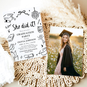 Modern Hand Drawn She did it Graduation Party Invitation