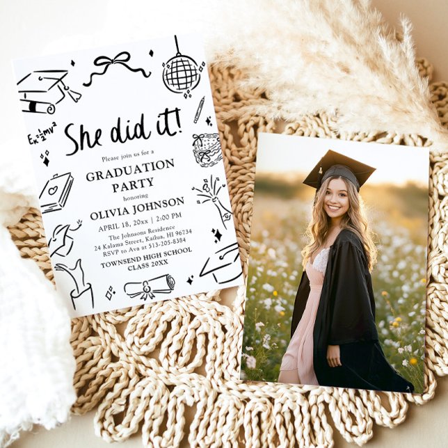 Modern Hand Drawn She did it Graduation Party Invitation (Modern Hand Drawn She did it Graduation Party Invitation)