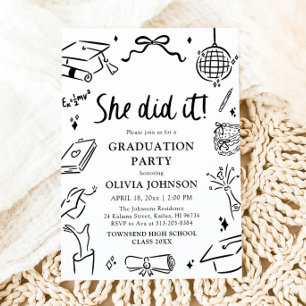Modern Hand Drawn She did it Graduation Party Invitation