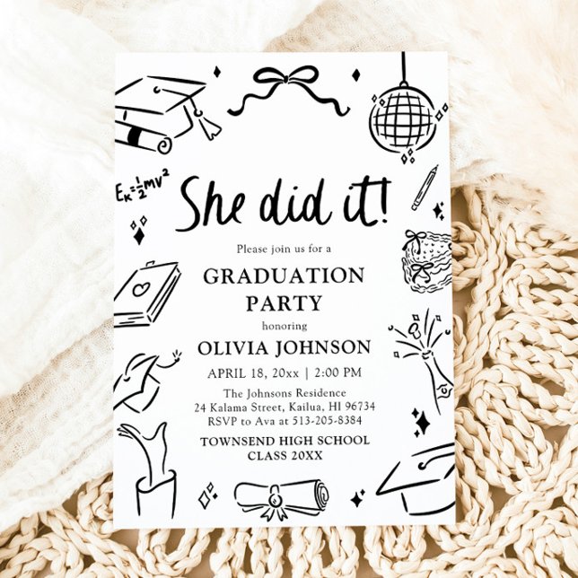 Modern Hand Drawn She did it Graduation Party Invitation (Modern Hand Drawn She did it Graduation Party Invitation)