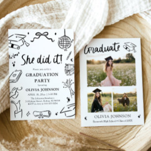 Modern Hand Drawn She did it Graduation Party Invitation