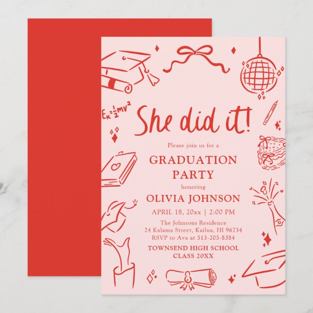 Modern Hand Drawn She did it Graduation Party Invitation (Front/Back)