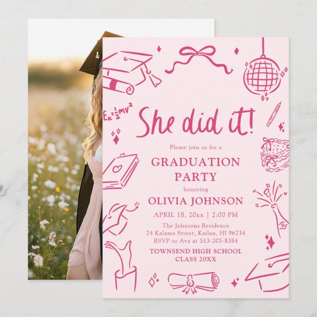 Modern Hand Drawn She did it Pink Graduation Party Invitation (Front/Back)
