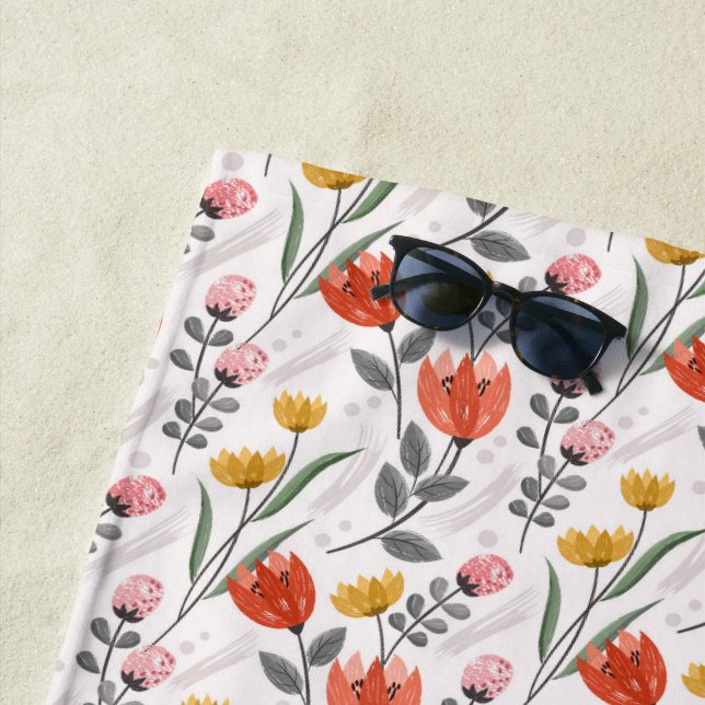 Modern Hand Drawn Tulips Beach Towel (In Situ)