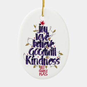 Modern Hand Lettered Blue Christmas Tree Ceramic Ornament