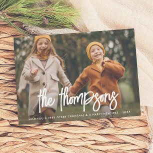 Modern Hand-Lettered Family Name 2 Photo Holiday Card