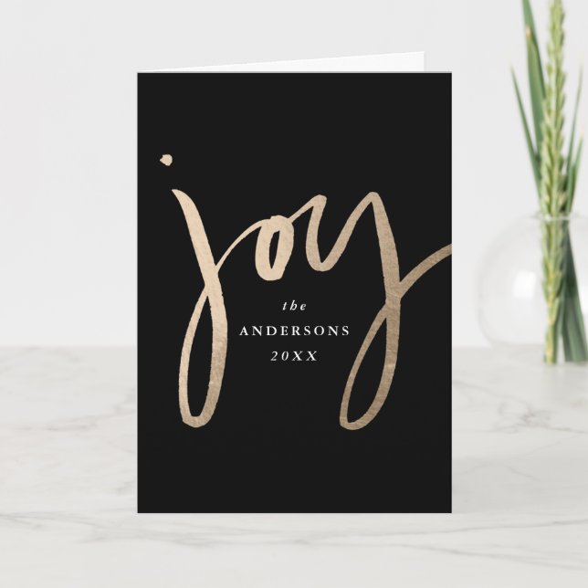 Modern Hand-Lettered Joy Black & Gold Non-Photo Holiday Card (Front)