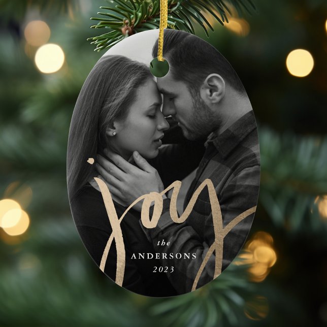 Modern Hand-Lettered Joy Faux Gold Foil Photo Ceramic Ornament (Creator Uploaded)
