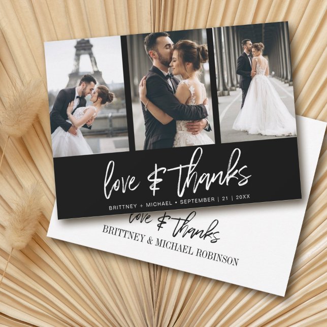 Modern Hand-Lettered Photo Collage Black Thank You Card (Show your appreciation to your loved ones with an awesome photo thank-you card!)