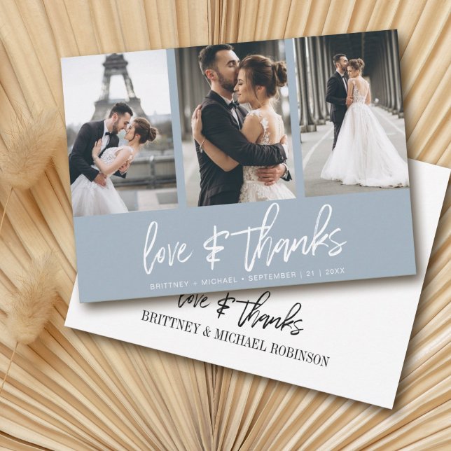 Modern Hand-Lettered Photo Collage Dusty Blue Thank You Card (Show your appreciation to your loved ones with an awesome photo thank-you card!)