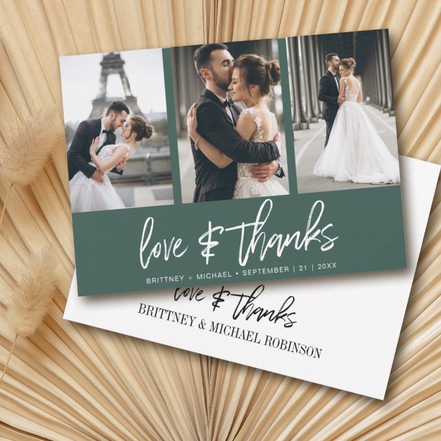 Modern Hand-Lettered Photo Collage Forest Green Thank You Card (Show your appreciation to your loved ones with an awesome photo thank-you card!)