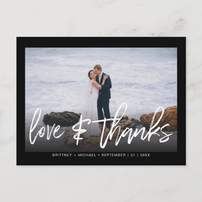 Modern Hand Lettered Photo Love & Thanks Wedding Postcard (Front)