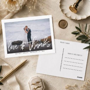Modern Hand Lettered Photo Love & Thanks Wedding Postcard
