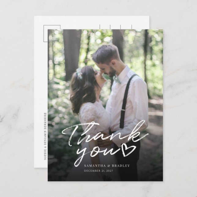 Modern Hand-Lettered Photo Wedding Thank You Postcard (Front/Back)