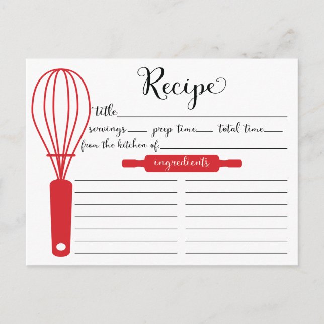 Modern Hand Lettered Red Whisk Recipe Card (Front)