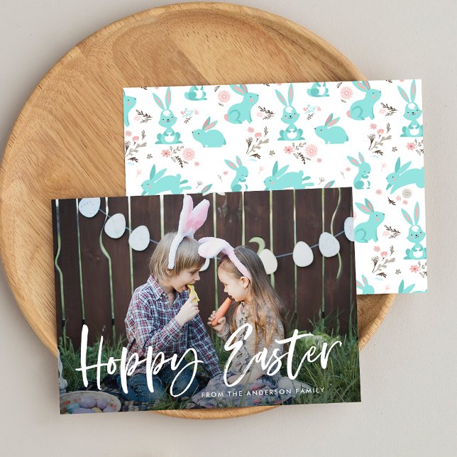 Modern Hand-Lettered Script Hoppy Easter Photo Holiday Card (Creator Uploaded)