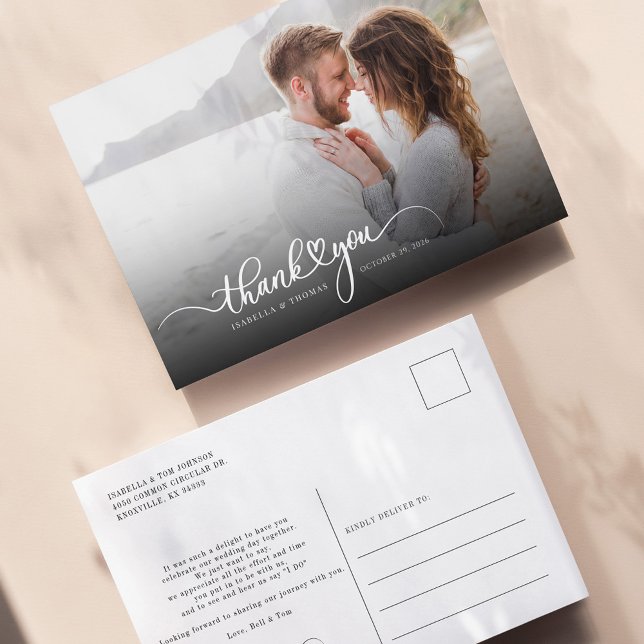 Modern Hand-lettered Script Photo Thank You Postcard (Wedding Couples Photo Thanks You Script Postcard)