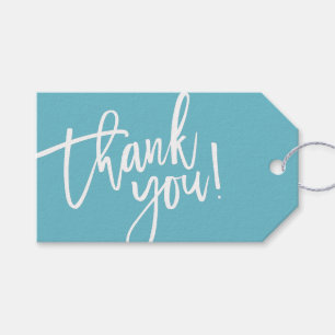MODERN HAND LETTERED thank you aqua white writing Gift Tags
