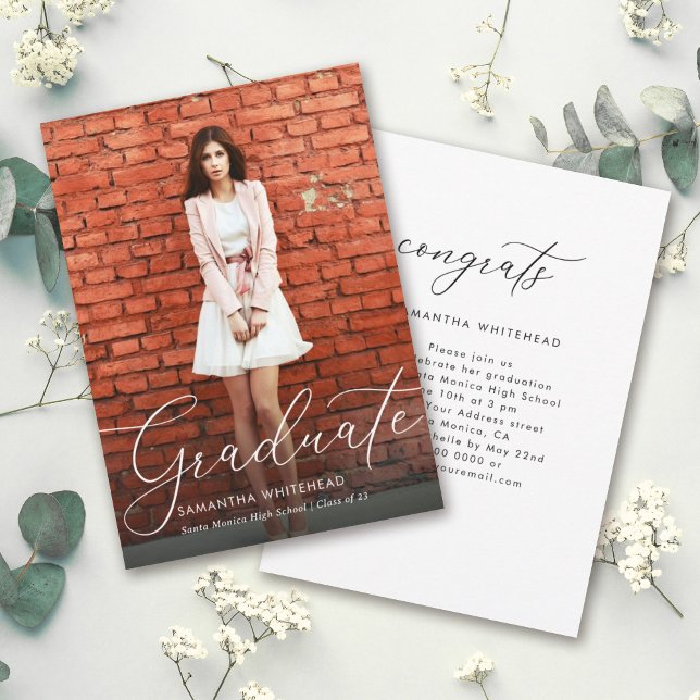 Modern Hand-Lettering Photo White Graduation Announcement (Creator Uploaded)