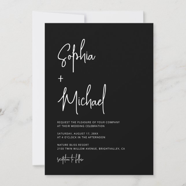 Modern Hand Lettering Script Black White Wedding Invitation (Front)