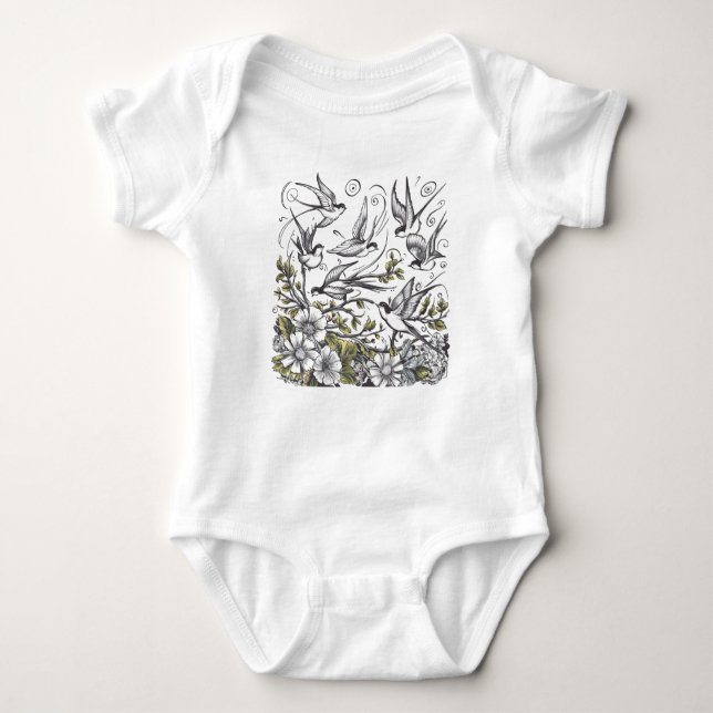 Modern hand painted wild flower and Birds  field  Baby Bodysuit (Front)