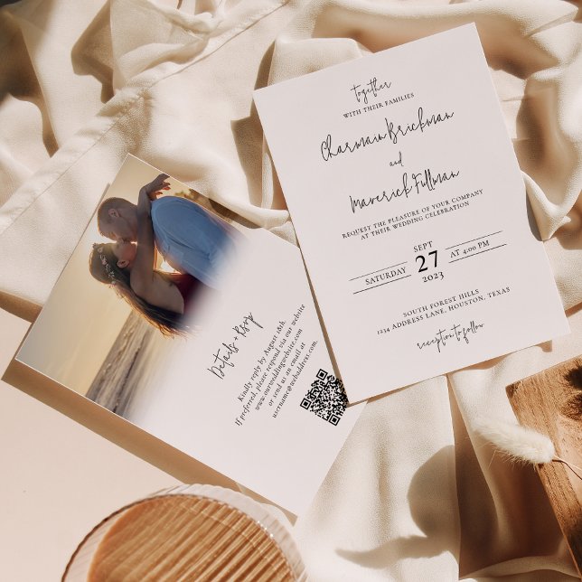 Modern Hand Script Photo Wedding RSVP QR code Invitation (Creator Uploaded)