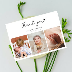 Modern Hand-written 3 Photo Baby Shower Thank You Card